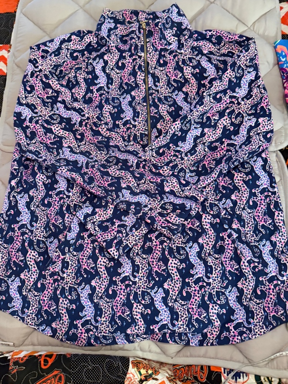 Lilly Pulitzer Navy Quarter-Zip with Pink Leopard Print